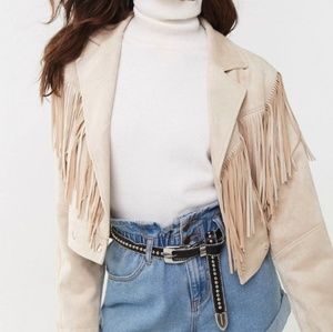 Forever 21 White Beige Faux Suede Fringe Jacket
